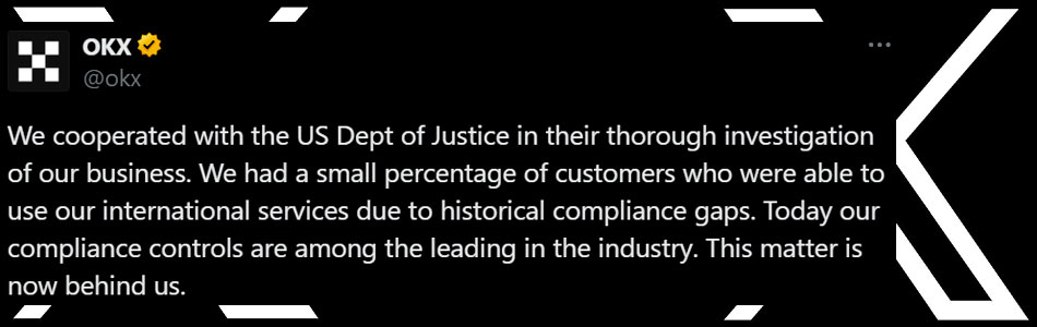 OKX Settles with DOJ, Pays $500M for Compliance Violations