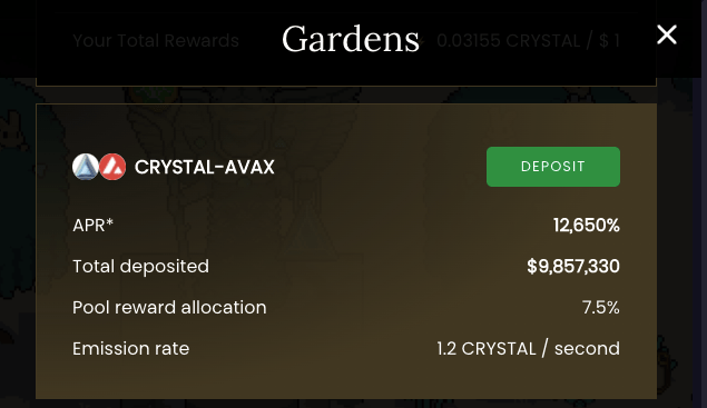 Details of the RPA offered for liquidity deposits on the CRYSTAL-AVAX pair, if the deposits are planted in the Crystalvale garden