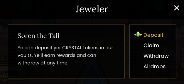 Deposit your CRYSTAL with the Jewelers to hope to be eligible for aidrops in the future