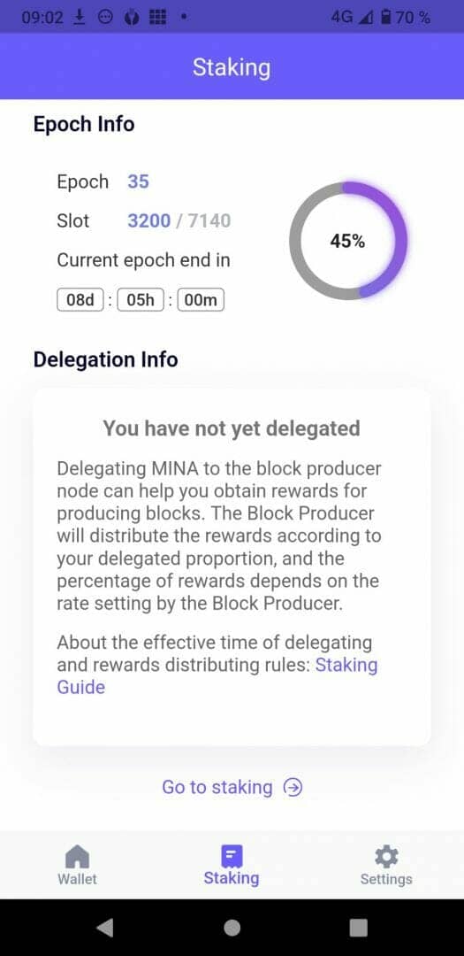 The first screen for staking and delegating your MINAs on mobile