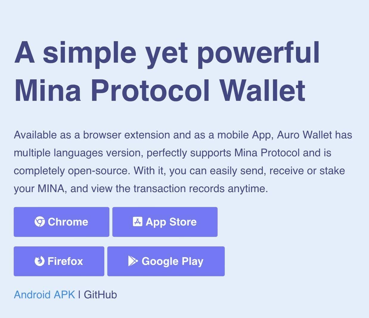 Auro Wallet homepage, for storing and staking your MINA